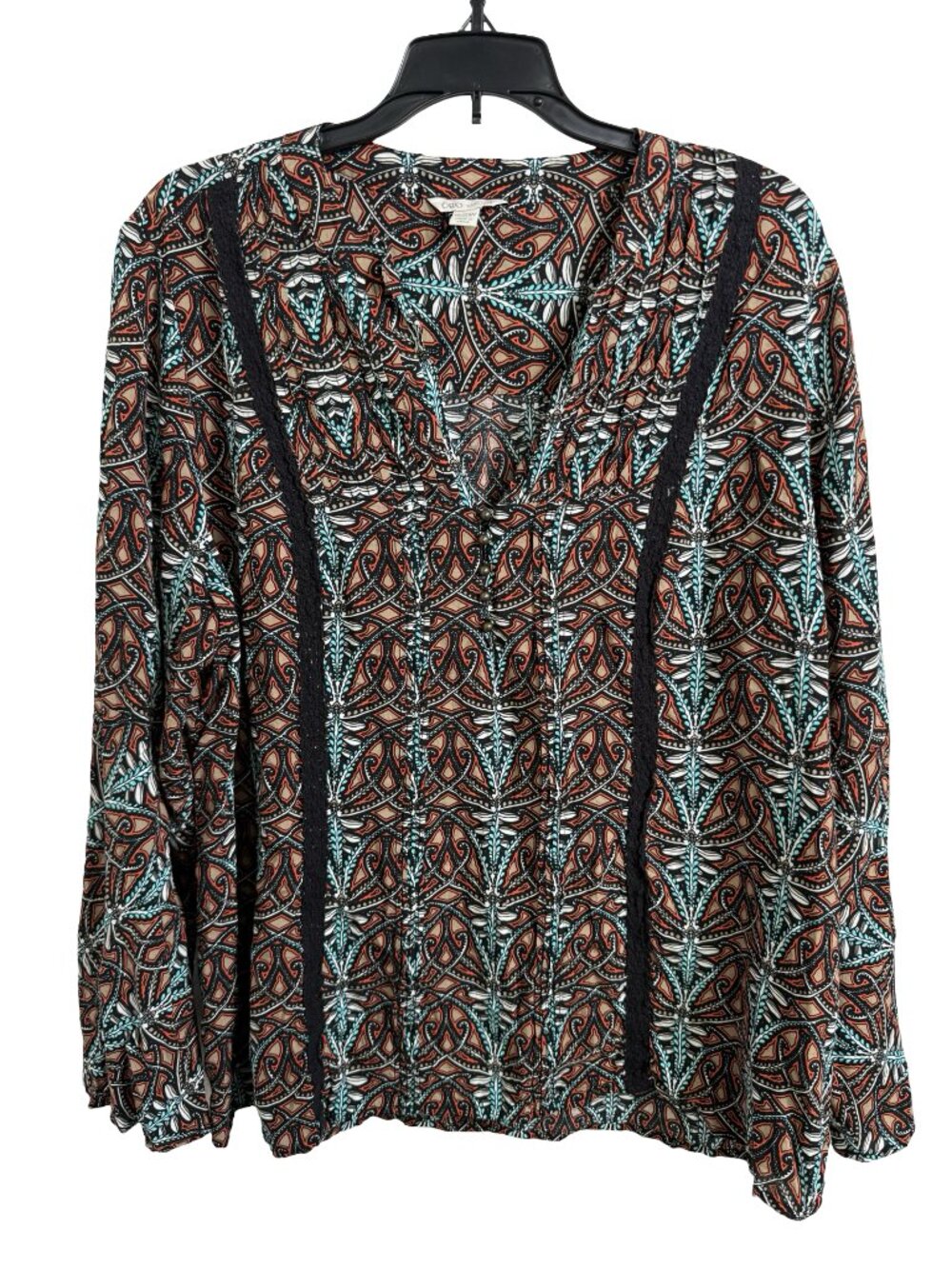 Cato Top Blouse 18 / 20W Blue Tan Print Boho Button Flare Sleeve Rayon